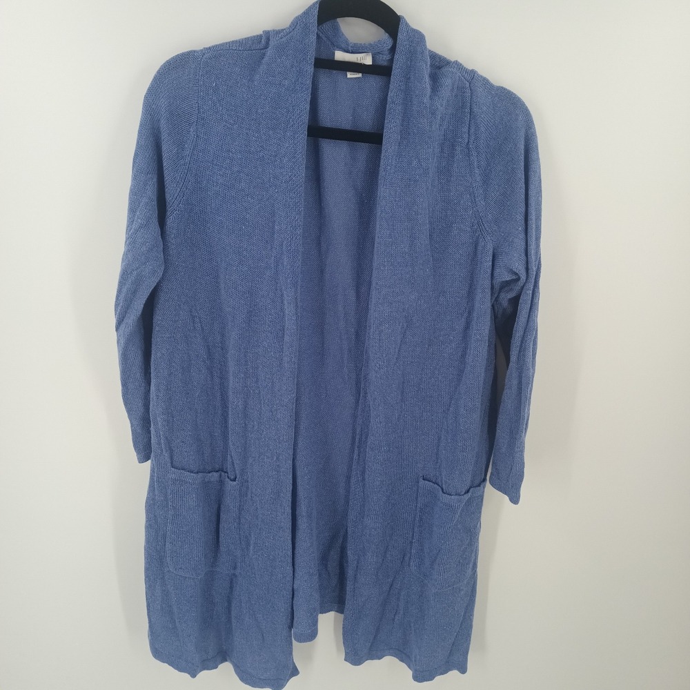 J.Jill Linen Blend Open Front Cardigan Blue Long Sleeve Pockets 1X SSW119444 - Picture 1 of 8